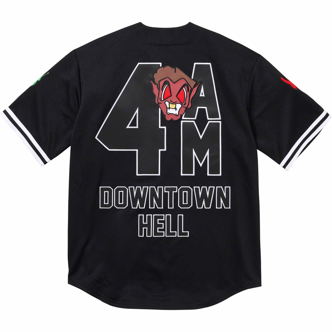 Details on Supreme Mitchell & Ness Downtown Hell Baseball Jersey Black from fall winter 2023 (Price is $188)