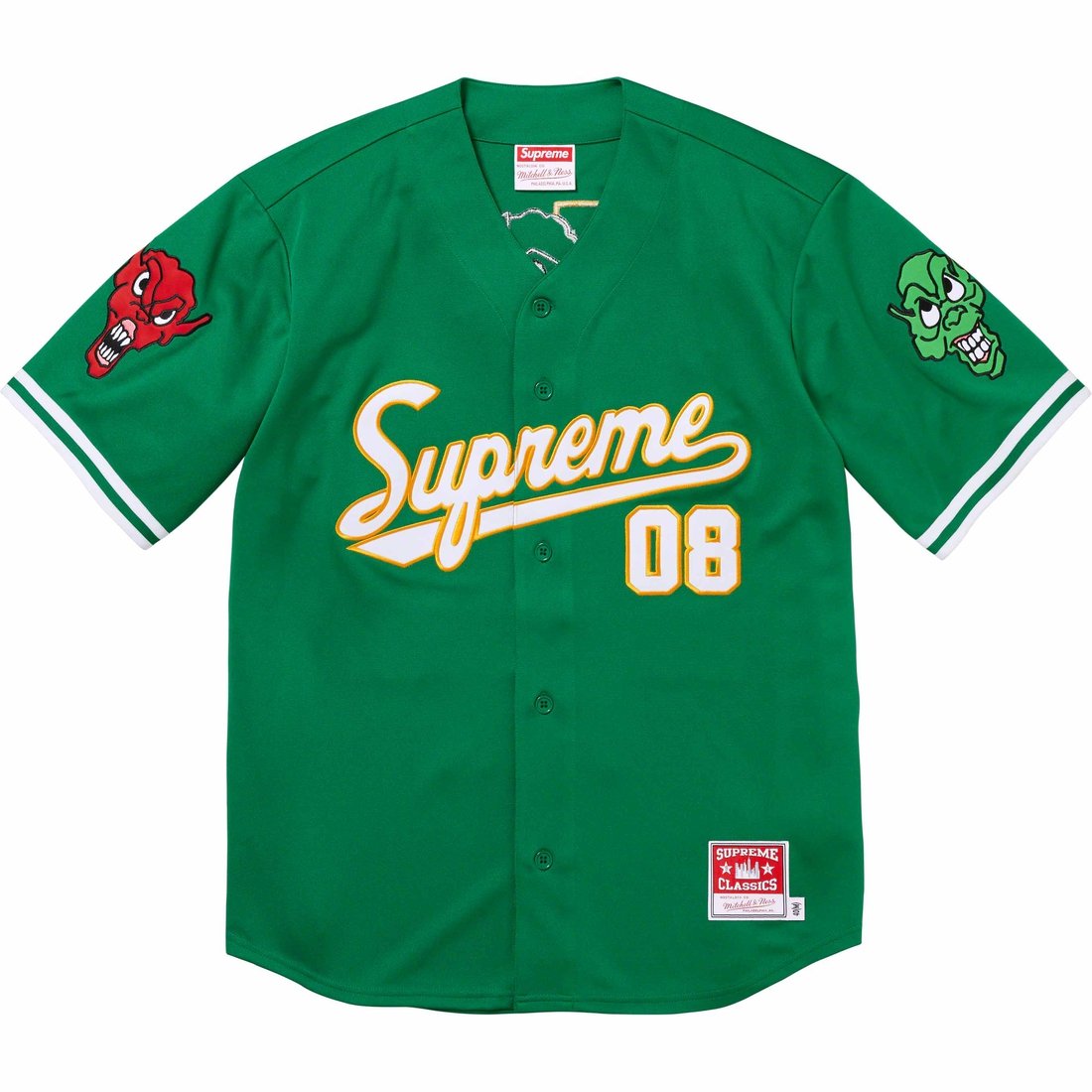 Details on Supreme Mitchell & Ness Downtown Hell Baseball Jersey Green from fall winter 2023 (Price is $188)