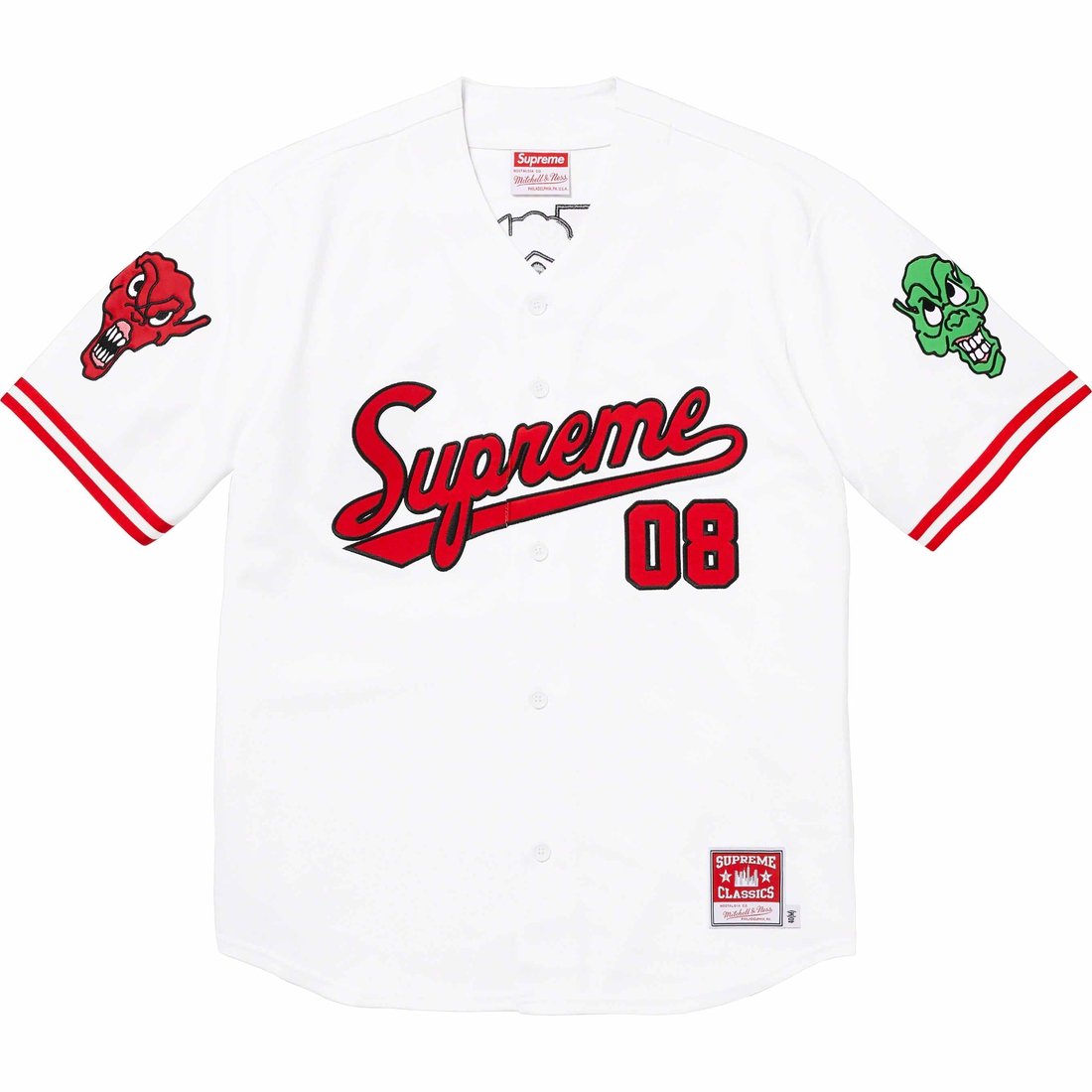 Details on Supreme Mitchell & Ness Downtown Hell Baseball Jersey White from fall winter 2023 (Price is $188)