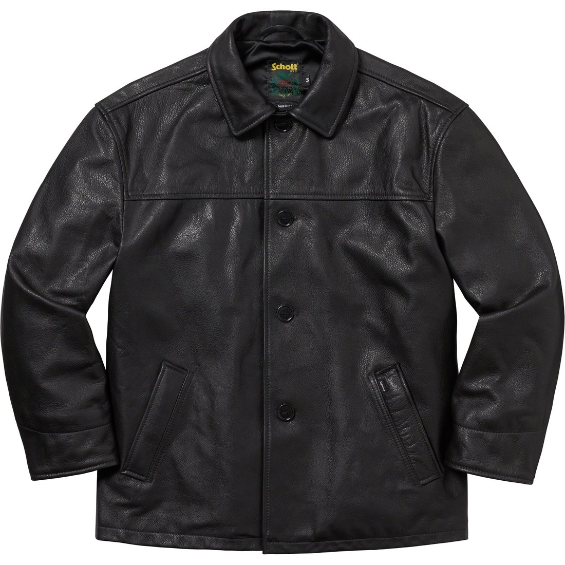 Details on Supreme Schott Leather Car Coat Black from fall winter
                                                    2023 (Price is $898)