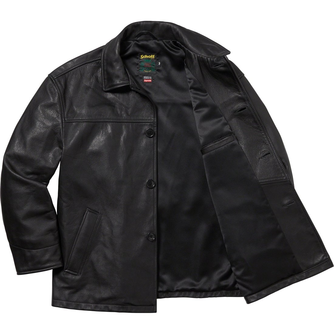 Details on Supreme Schott Leather Car Coat Black from fall winter
                                                    2023 (Price is $898)