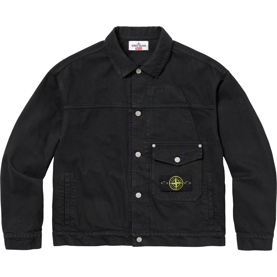 Details on Supreme Stone Island Denim Trucker Jacket Black from fall winter
                                                    2023 (Price is $648)