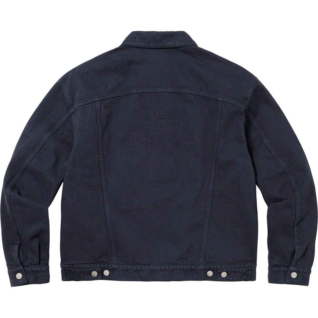 Details on Supreme Stone Island Denim Trucker Jacket Navy from fall winter
                                                    2023 (Price is $648)