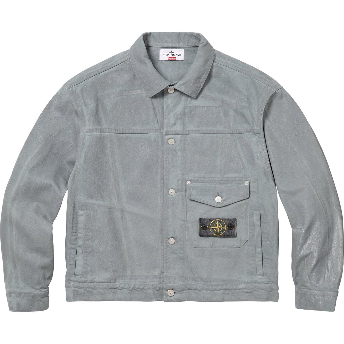 Details on Supreme Stone Island Denim Trucker Jacket Reflective from fall winter
                                                    2023 (Price is $648)