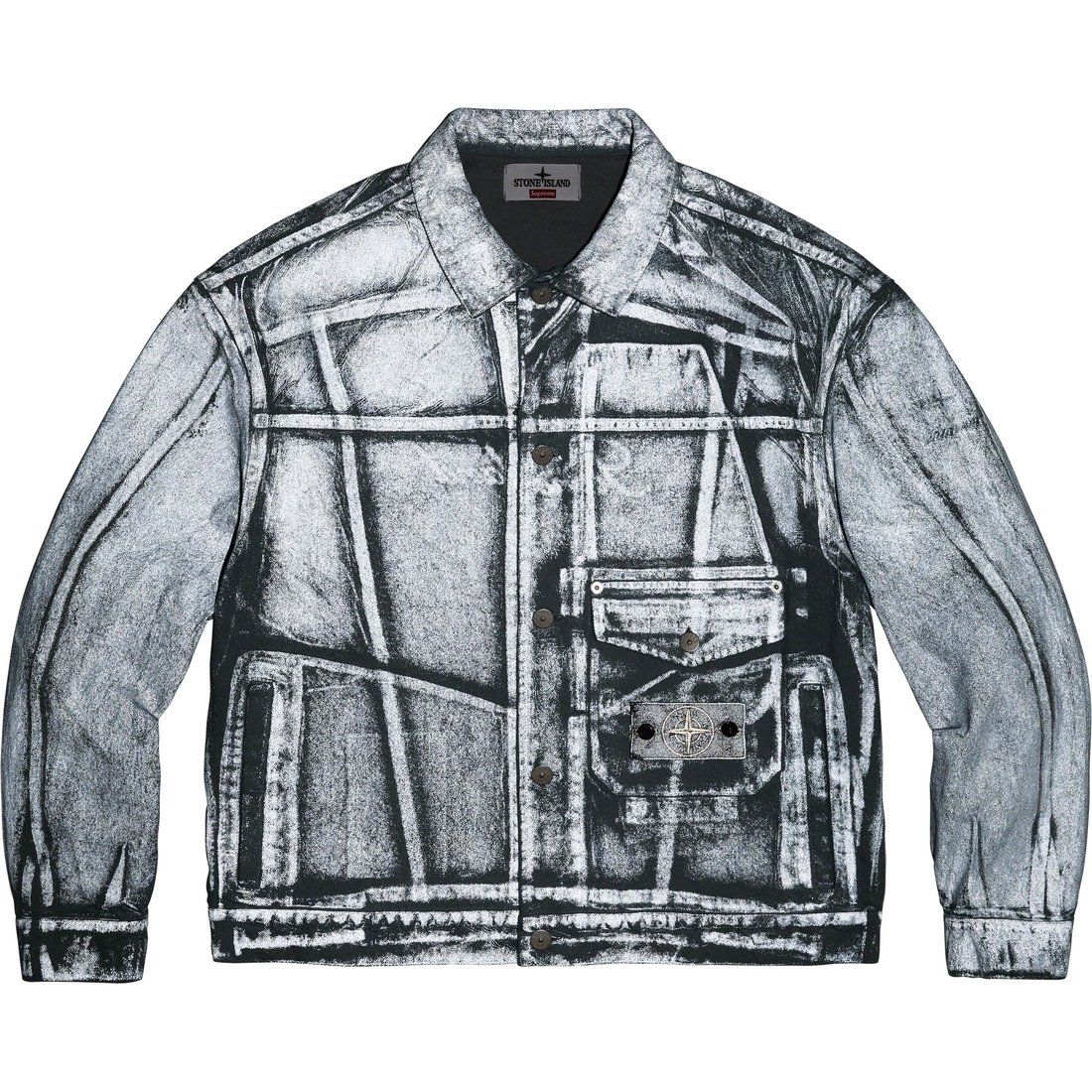 Details on Supreme Stone Island Denim Trucker Jacket Reflective from fall winter
                                                    2023 (Price is $648)