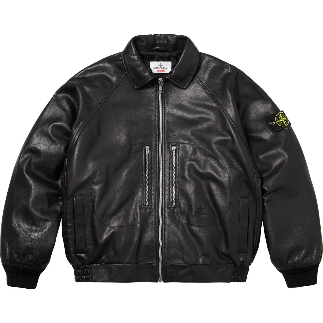 Details on Supreme Stone Island Leather Bomber Jacket Black from fall winter
                                                    2023 (Price is $2598)