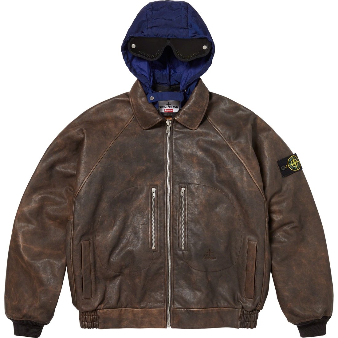 Details on Supreme Stone Island Leather Bomber Jacket Brown from fall winter
                                                    2023 (Price is $2598)