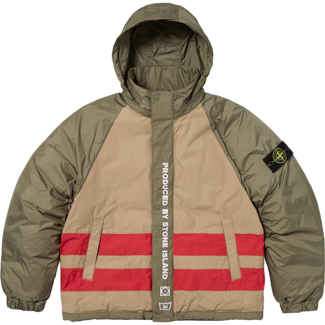 Details on Supreme Stone Island Reversible Down Puffer Jacket Olive from fall winter
                                                    2023 (Price is $998)