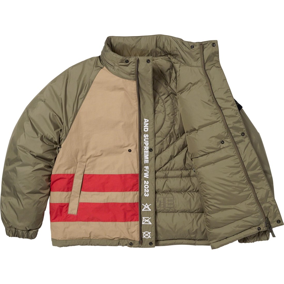 Details on Supreme Stone Island Reversible Down Puffer Jacket Olive from fall winter
                                                    2023 (Price is $998)