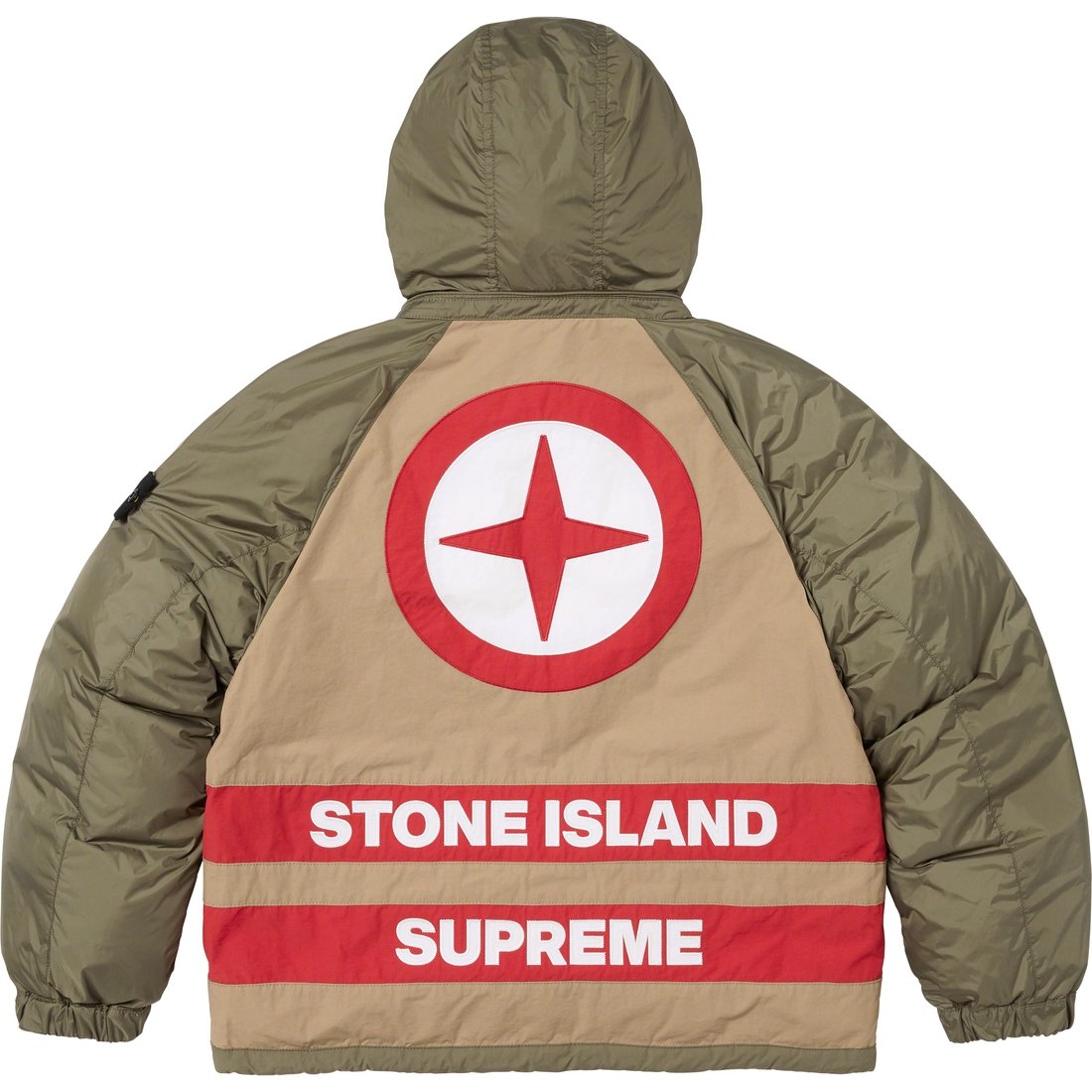 Details on Supreme Stone Island Reversible Down Puffer Jacket Olive from fall winter
                                                    2023 (Price is $998)