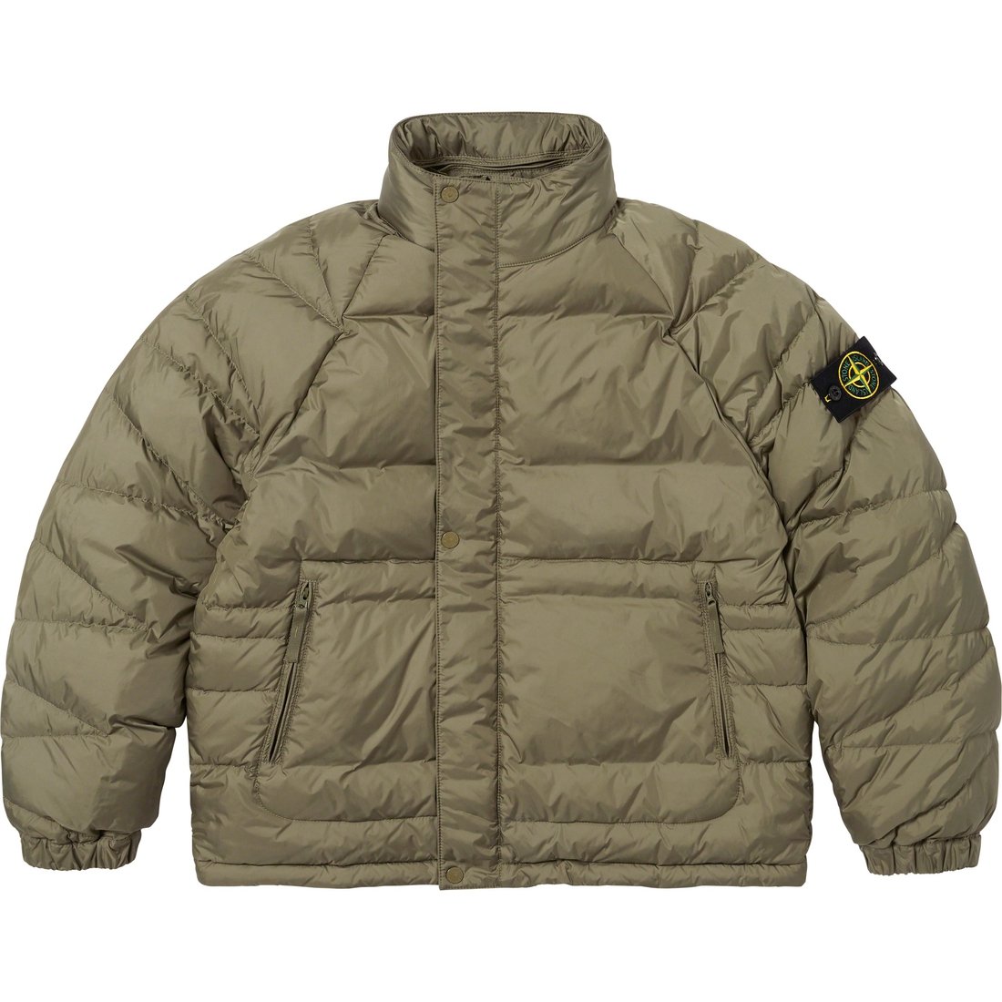 Details on Supreme Stone Island Reversible Down Puffer Jacket Olive from fall winter
                                                    2023 (Price is $998)