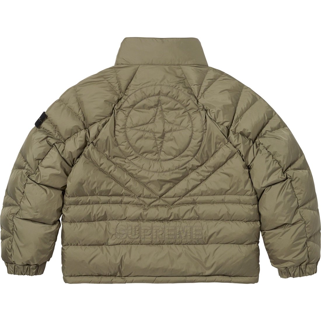 Details on Supreme Stone Island Reversible Down Puffer Jacket Olive from fall winter
                                                    2023 (Price is $998)