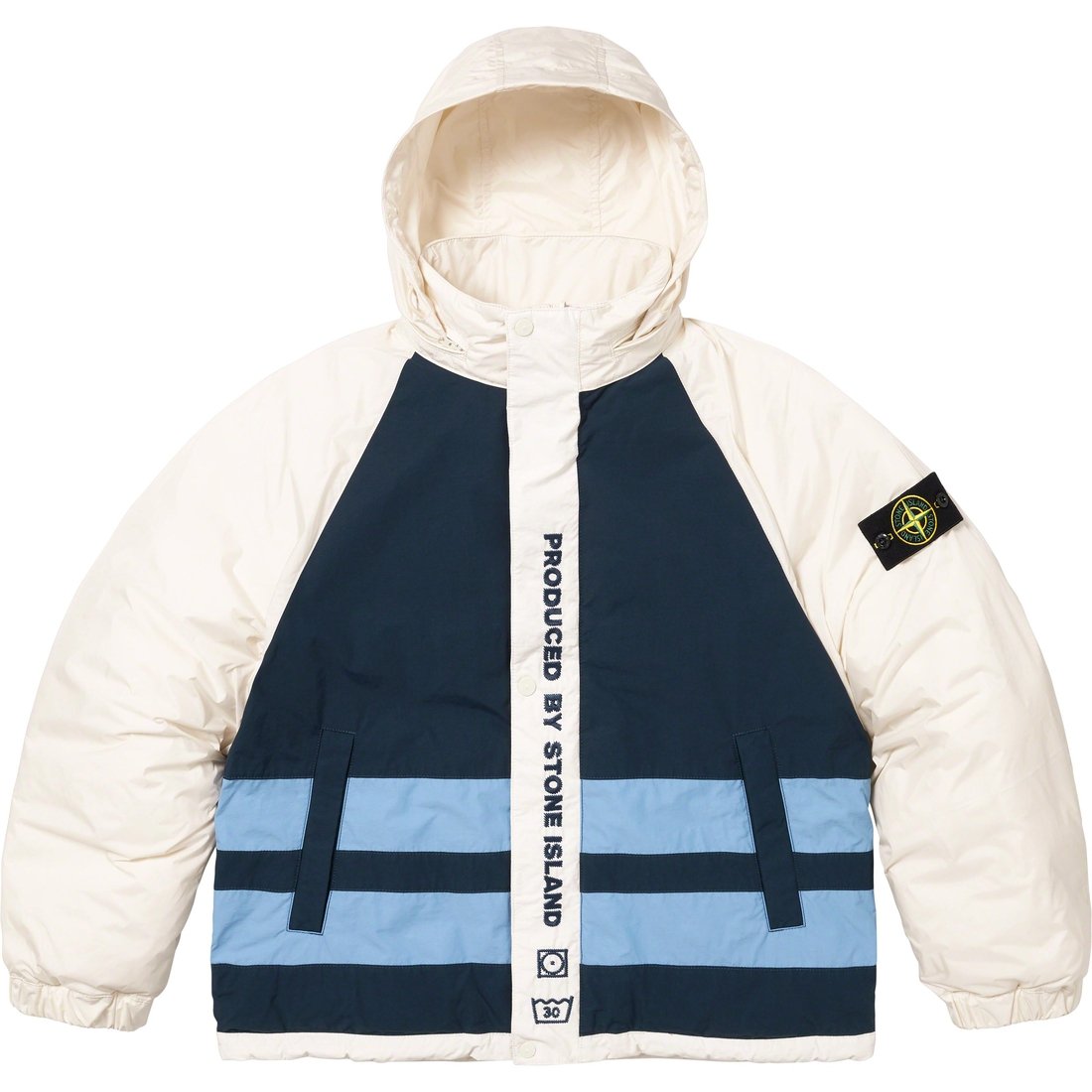 Details on Supreme Stone Island Reversible Down Puffer Jacket White from fall winter
                                                    2023 (Price is $998)