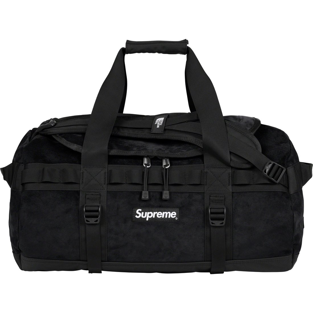 Details on Supreme The North Face Suede Small Base Camp Duffle Bag Black from fall winter
                                                    2023 (Price is $298)