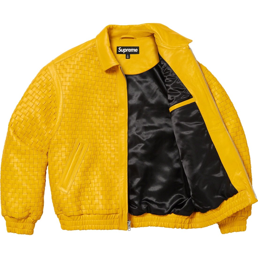Details on Woven Leather Varsity Jacket Yellow from fall winter 2023 (Price is $798)