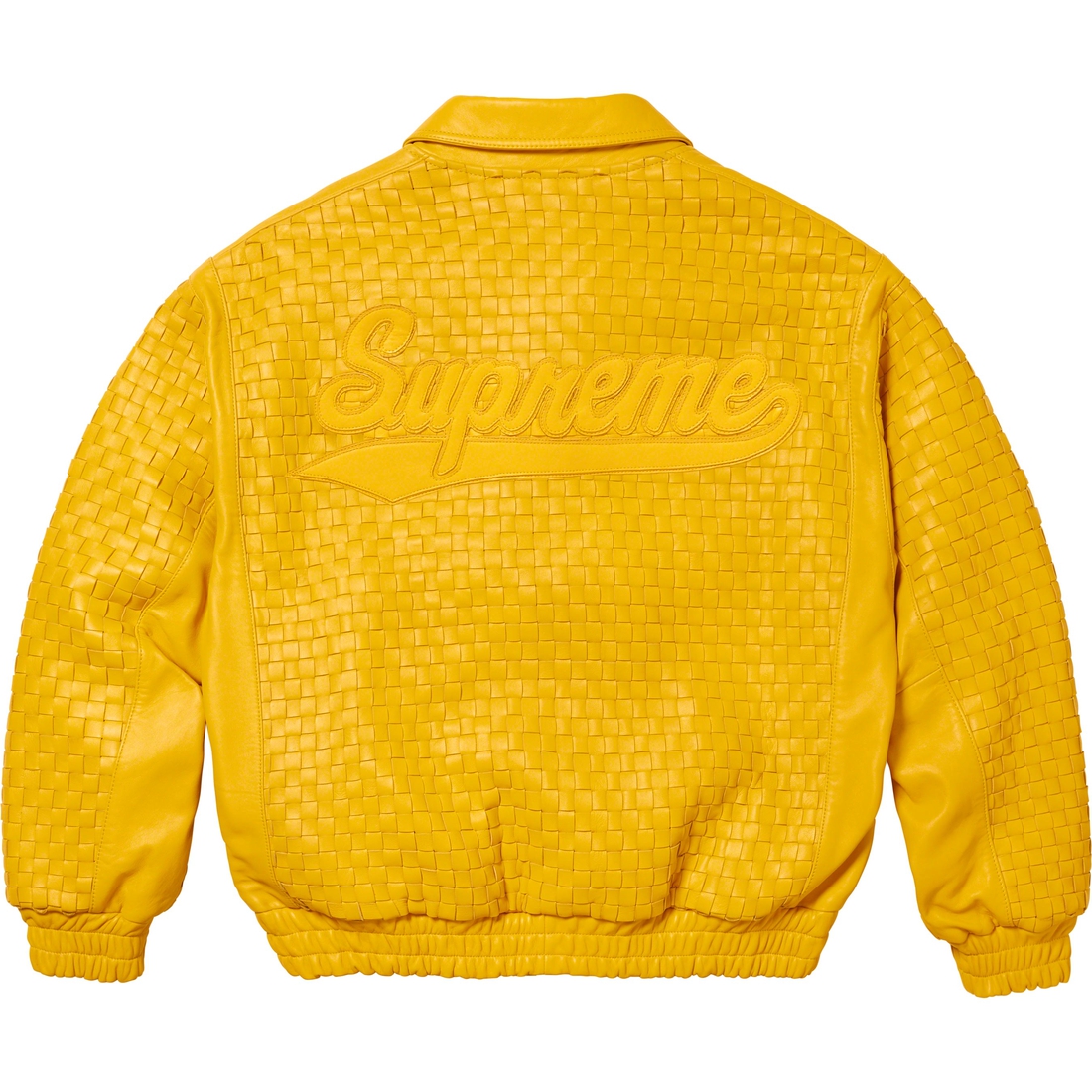 Details on Woven Leather Varsity Jacket Yellow from fall winter 2023 (Price is $798)