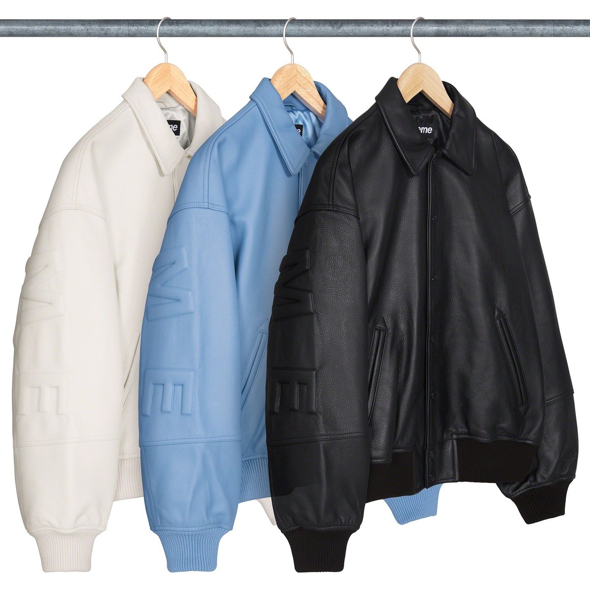 Supreme GORE-TEX Infinium WINDSTOPPER Leather Varsity Jacket for fall winter 23 season
