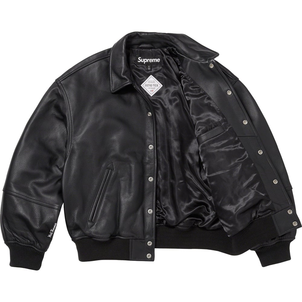 Details on GORE-TEX Infinium WINDSTOPPER Leather Varsity Jacket  from fall winter
                                                    2023 (Price is $998)