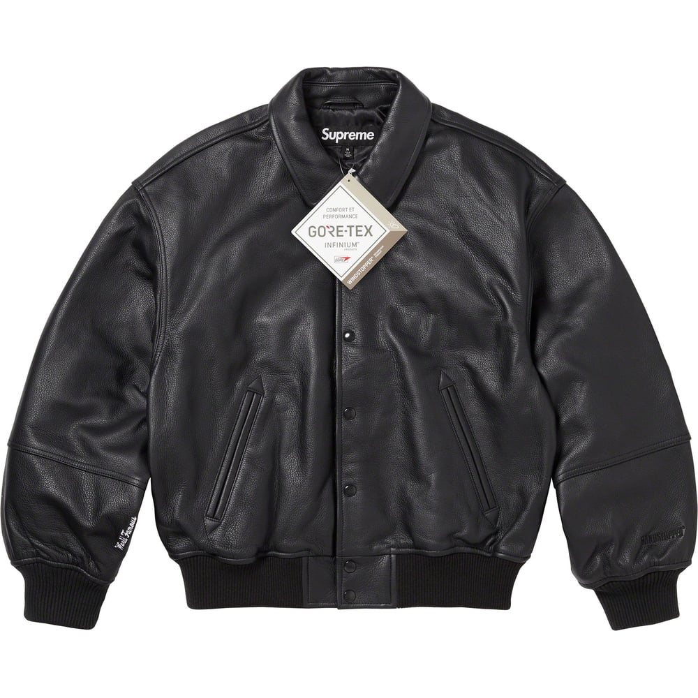 Details on GORE-TEX Infinium WINDSTOPPER Leather Varsity Jacket  from fall winter
                                                    2023 (Price is $998)