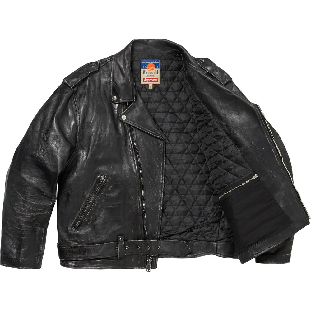 Details on Supreme blackmeans Painted Leather Motorcycle Jacket  from fall winter
                                                    2023 (Price is $1498)