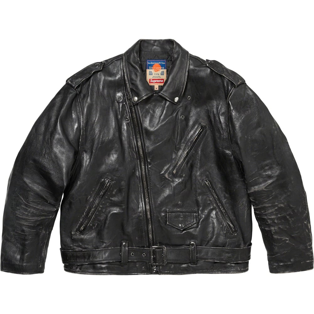 Details on Supreme blackmeans Painted Leather Motorcycle Jacket  from fall winter
                                                    2023 (Price is $1498)