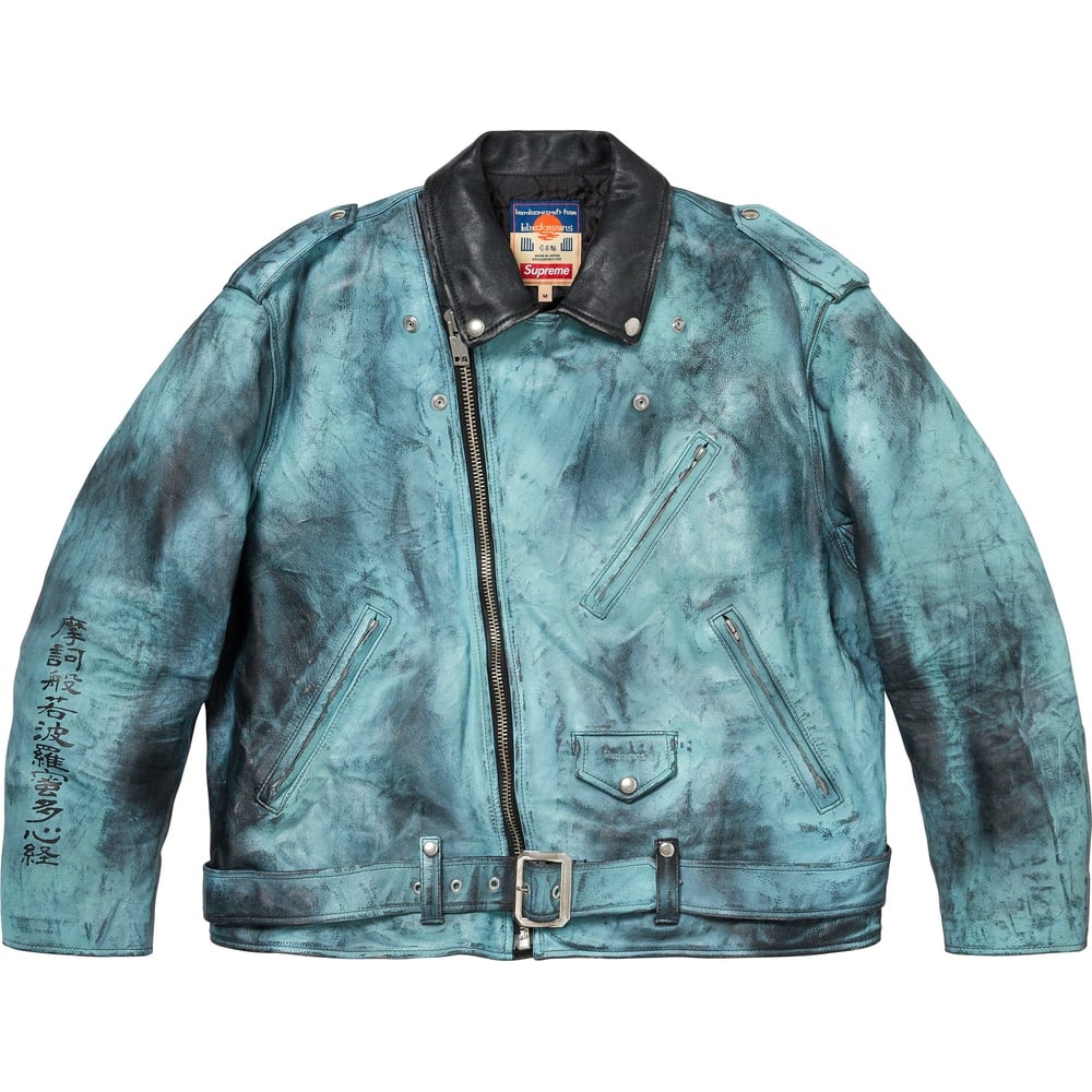 Details on Supreme blackmeans Painted Leather Motorcycle Jacket  from fall winter
                                                    2023 (Price is $1498)