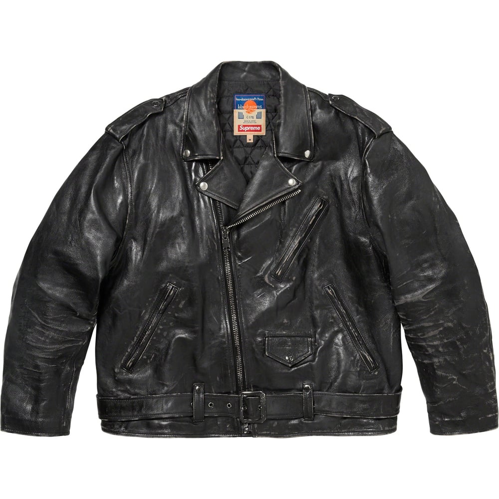 Details on Supreme blackmeans Painted Leather Motorcycle Jacket  from fall winter
                                                    2023 (Price is $1498)