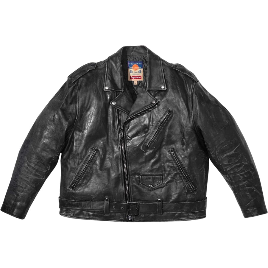 Details on Supreme blackmeans Painted Leather Motorcycle Jacket  from fall winter
                                                    2023 (Price is $1498)