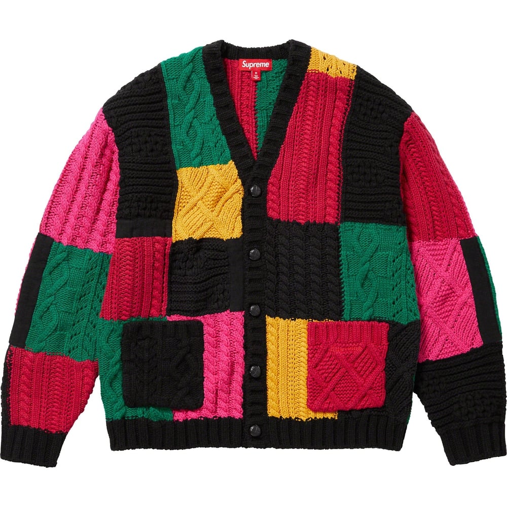 Details on Patchwork Cable Knit Cardigan  from fall winter
                                                    2023 (Price is $198)