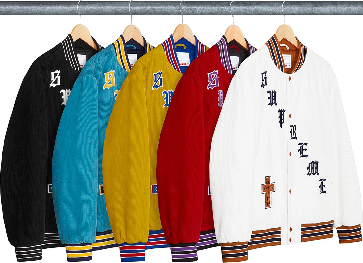 supreme corduroy varsity jacket