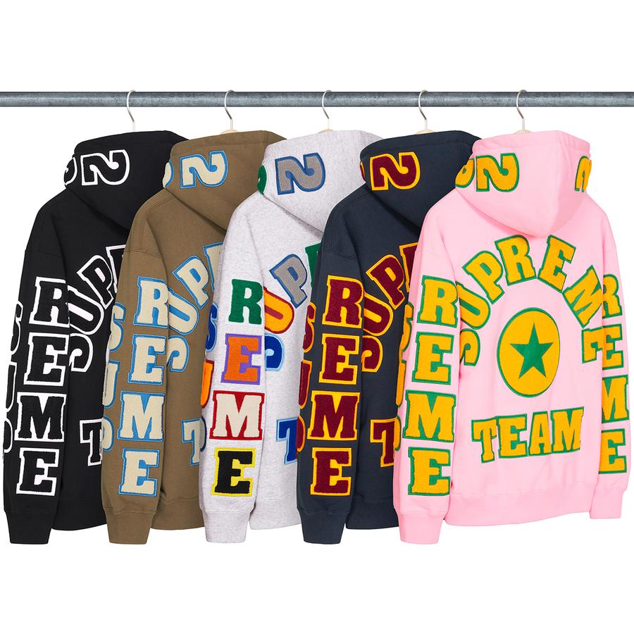 Details on Supreme Team Chenille Hooded Sweatshirt from spring summer 2022 (Price is $178)
