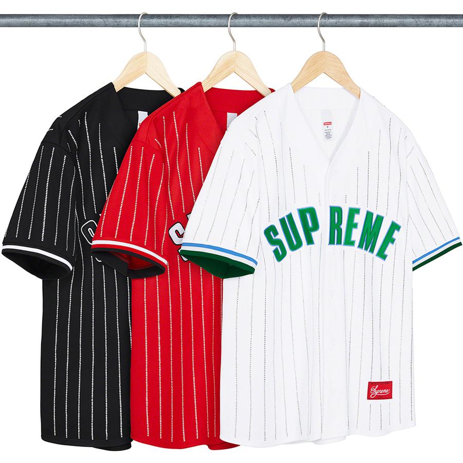 Supreme Rhinestone Stripe Baseball Jersey White