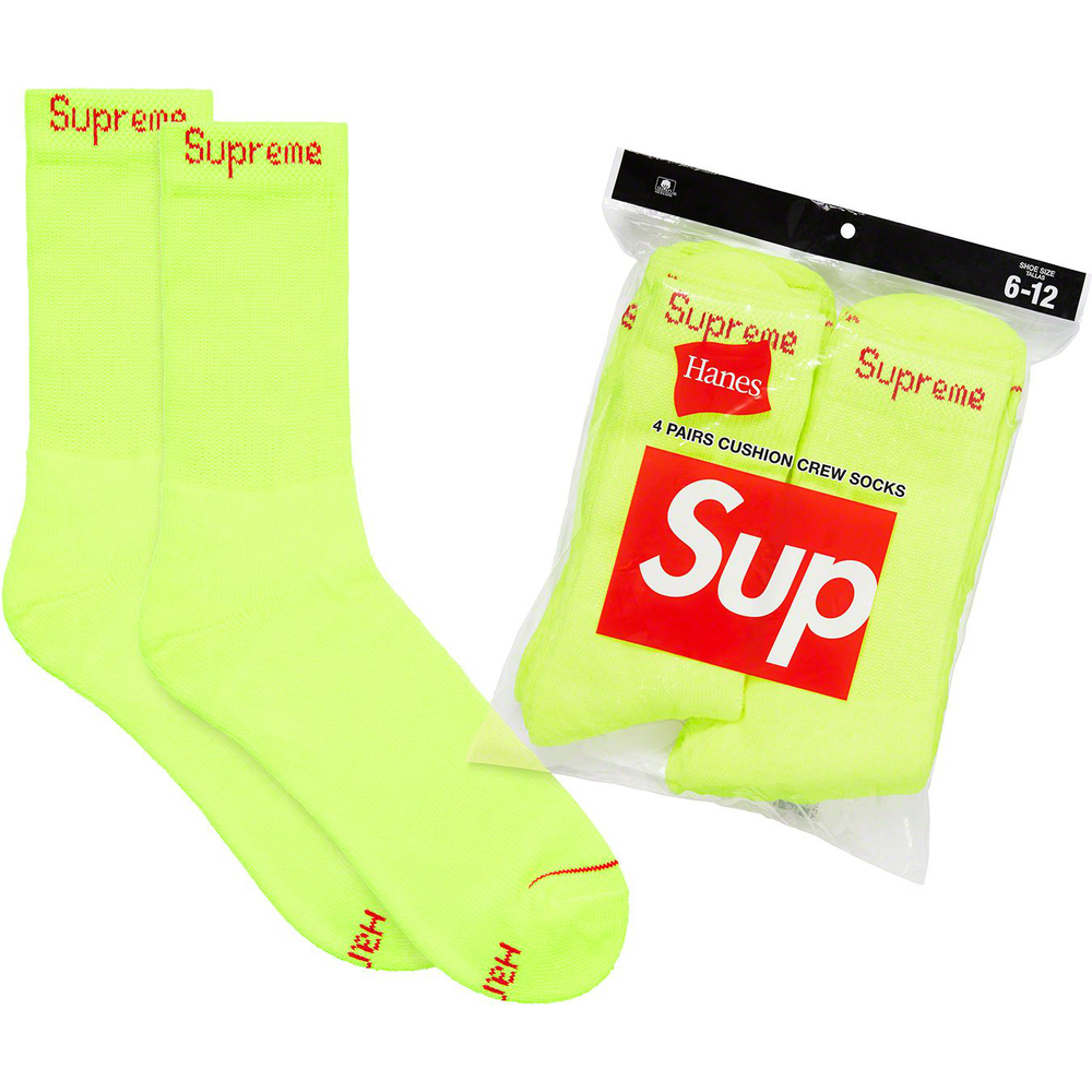 Details on Supreme Hanes Crew Socks (4 Pack - Fluorescent Yellow)  from spring summer 2023 (Price is $26)