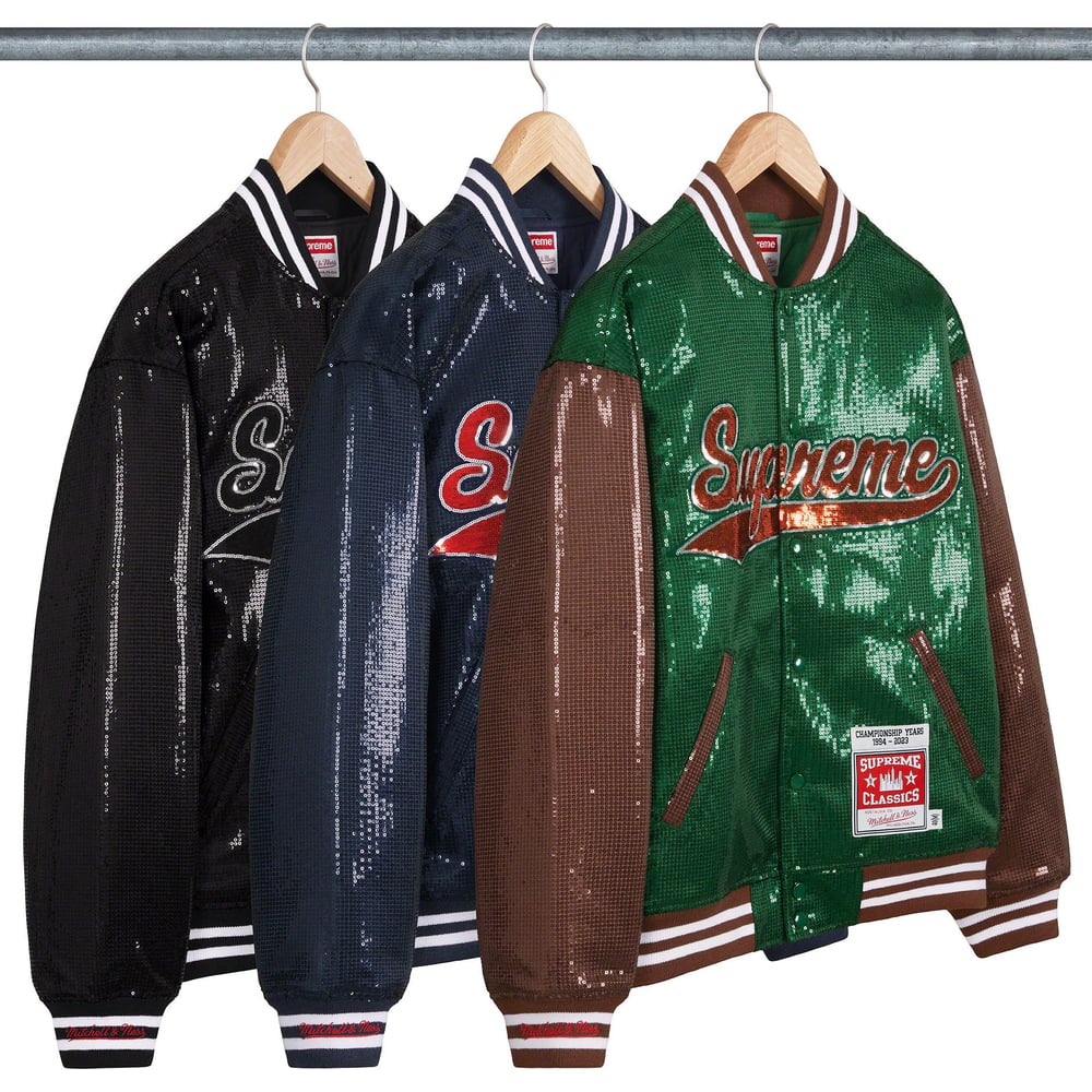 Details on Supreme Mitchell & Ness Sequin Varsity Jacket from spring summer
                                            2023 (Price is $398)