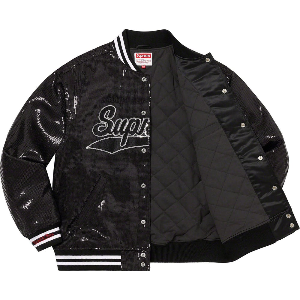 Details on Supreme Mitchell & Ness Sequin Varsity Jacket  from spring summer 2023 (Price is $398)