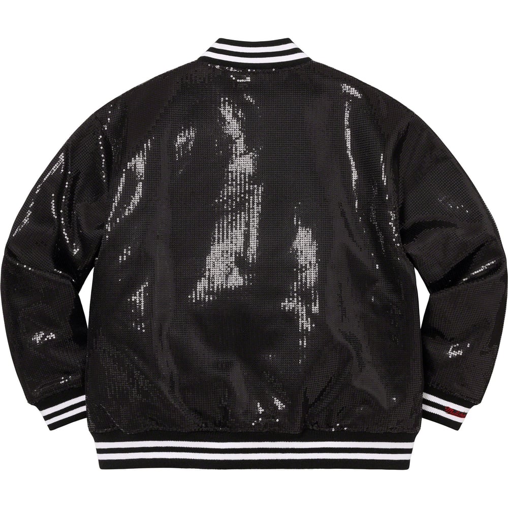 Details on Supreme Mitchell & Ness Sequin Varsity Jacket  from spring summer 2023 (Price is $398)