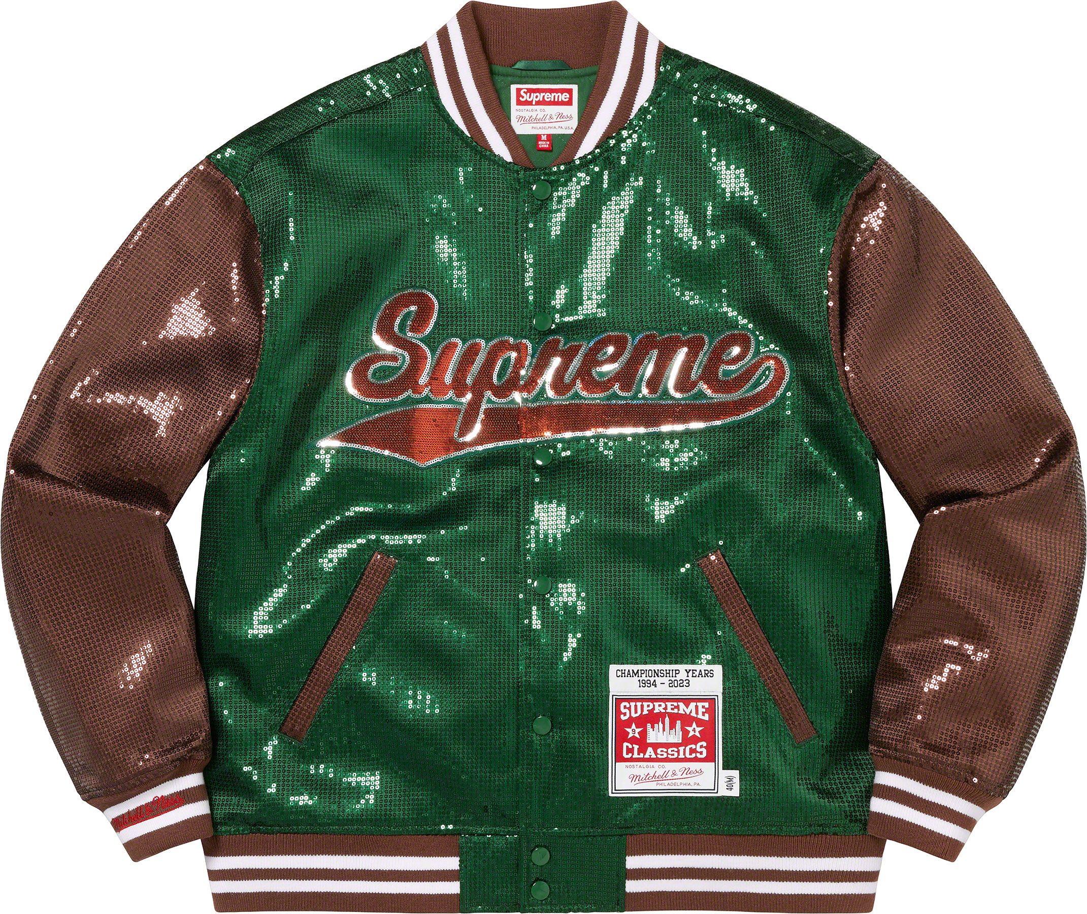 SUPREME MITCHELL AND NESS SEQUIN VARSITY JACKET GREEN XL SS23
