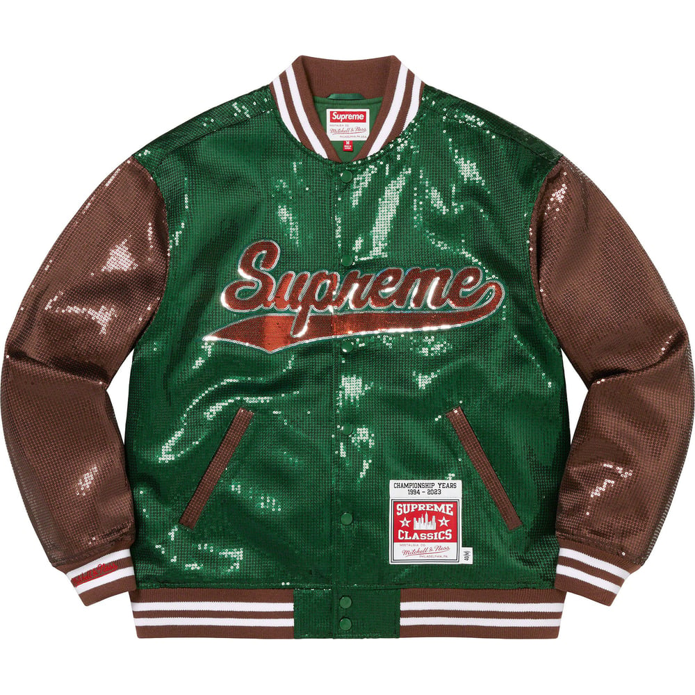 Details on Supreme Mitchell & Ness Sequin Varsity Jacket  from spring summer
                                                    2023 (Price is $398)
