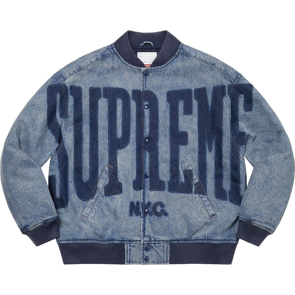 Details on Washed Knockout Denim Varsity Jacket  from spring summer
                                                    2023 (Price is $248)