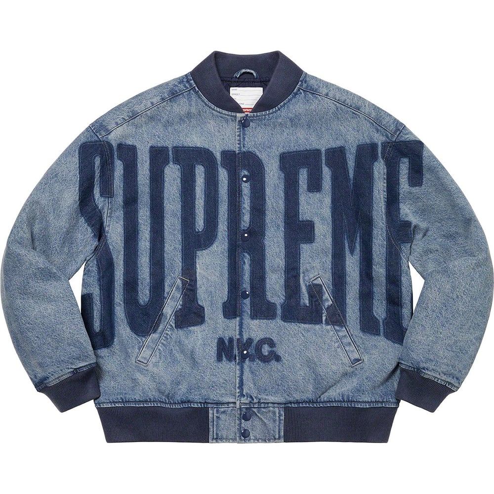 Details on Washed Knockout Denim Varsity Jacket [hidden] from spring summer
                                                    2023 (Price is $248)