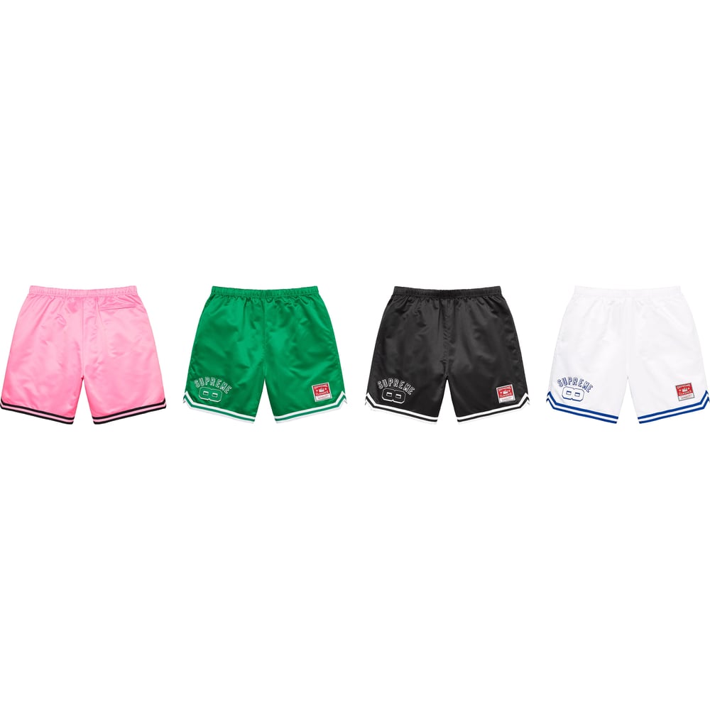 Details on Supreme Mitchell & Ness Satin Basketball Short from spring summer 2023 (Price is $138)