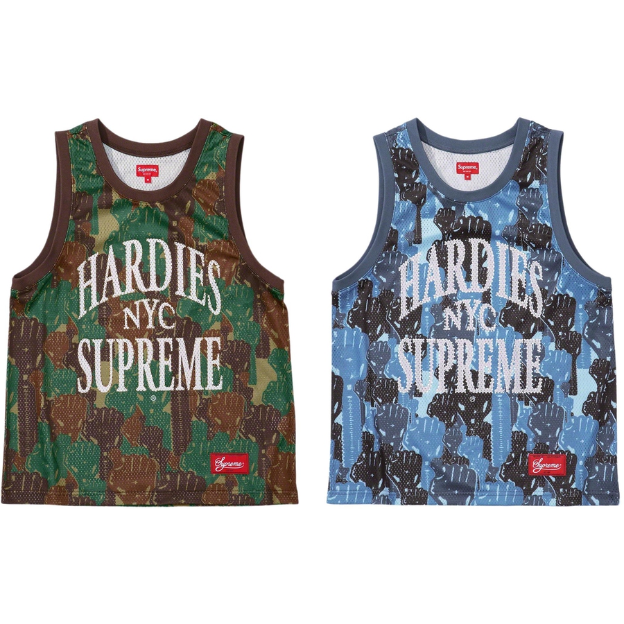 Details on Supreme Hardies Camo Basketball Jersey from spring summer
                                            2023 (Price is $128)