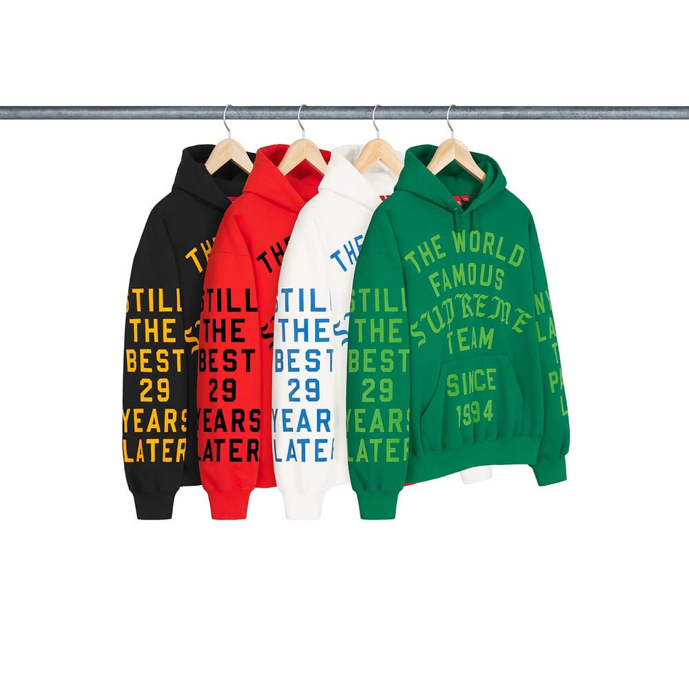 Details on Supreme Team Flocked Hooded Sweatshirt from spring summer 2023 (Price is $178)
