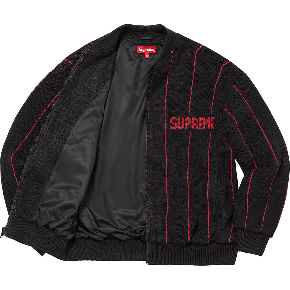 Details on Pinstripe Varsity Zip Up Sweater [hidden] from spring summer
                                                    2023 (Price is $198)