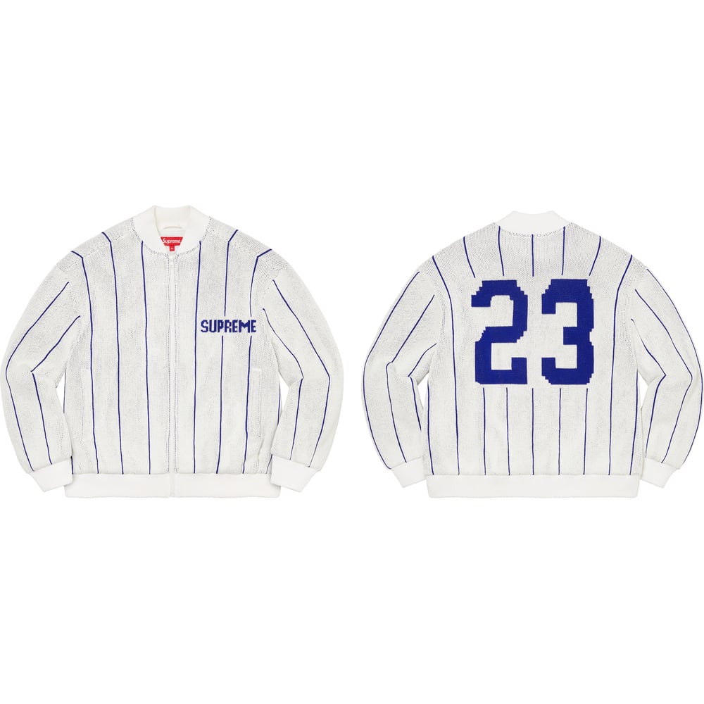 Details on Pinstripe Varsity Zip Up Sweater from spring summer 2023 (Price is $198)