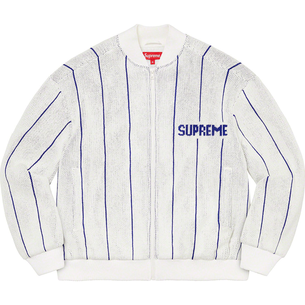 Details on Pinstripe Varsity Zip Up Sweater [hidden] from spring summer 2023 (Price is $198)