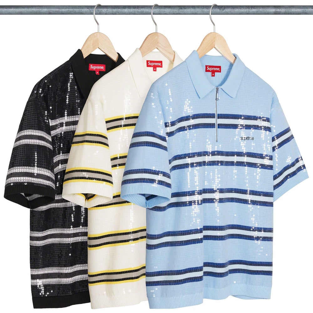 Supreme Sequin Stripe Zip Polo releasing on Week 14 for spring summer 23