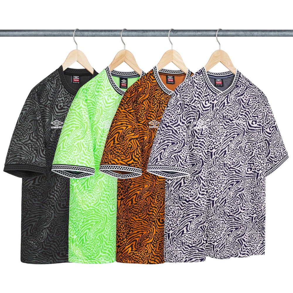 Details on Supreme Umbro Jacquard Animal Print Soccer Jersey from spring summer 2023 (Price is $98)