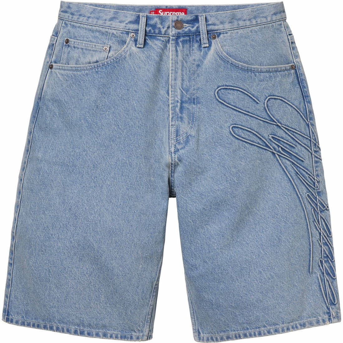 Supreme Script Baggy Denim Short (SS24) - Washed Indigo - $138