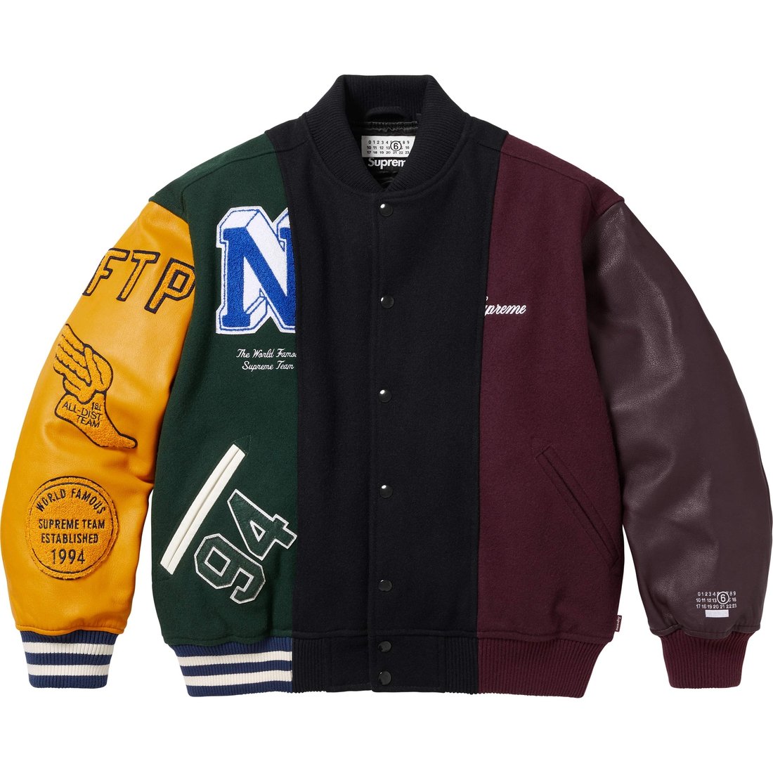 Details on Supreme MM6 Maison Margiela Split Varsity Jacket Multicolor from spring summer
                                                    2024 (Price is $698)